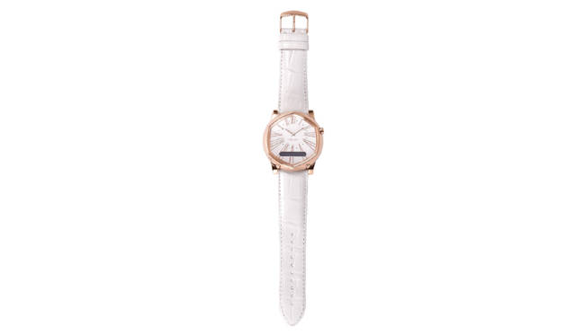 <strong>「VELDT SERENDIPITY Model V Vesper」</strong><br /> 価格｜18万1440 円<br /> カラー｜ホワイト、オレンジ、ネイビー<br /> ケース｜ステンレススチール（IPローズゴールド）<br /> 直径｜約48mm<br /> 防水｜IPX7<br /> ストラップ｜アリゲーター<br /> ムーブメント｜クォーツ（ボタン電池約3年間）<br /> 対応OS｜iOS7以降<br /> バッテリー｜持続期間：約1週間、充電方式：マイクロUSBケーブルをPCまたは電源アダプタに接続<br /> LED表示｜96×16ピクセルLED表示ディスプレイ、文字盤インデックスにRGB LED×24<br /> 通信規格｜Bluetooth Ver.4.0 Low Energy<br /> 機能｜着信通知、メール・SNSの他iOSの通知センターで設定可能なすべてのアプリからの通知機能、スケジュール、世界時計、天気予報、電子コンパス、タイマー、活動量計、置き忘れ防止機能、登録地点へのタクシー配車サービス(東京地区のみ) <br /> ※すべての機能を利用するには、iOS7以降を搭載したiPhoneが必要