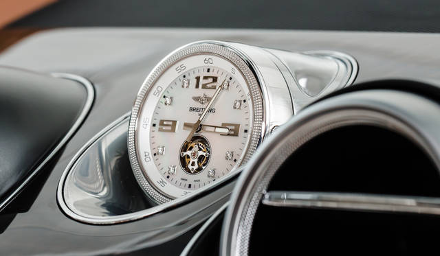 A mechanical watch, the "Mulliner Tourbillon by Breitling," is specially produced by Breitling. The case is available in rose gold or white gold, with a dial specified in mother-of-pearl or black ebony. Eight diamonds adorn the indices. Winding is performed by a precise mechanism built into the vehicle.