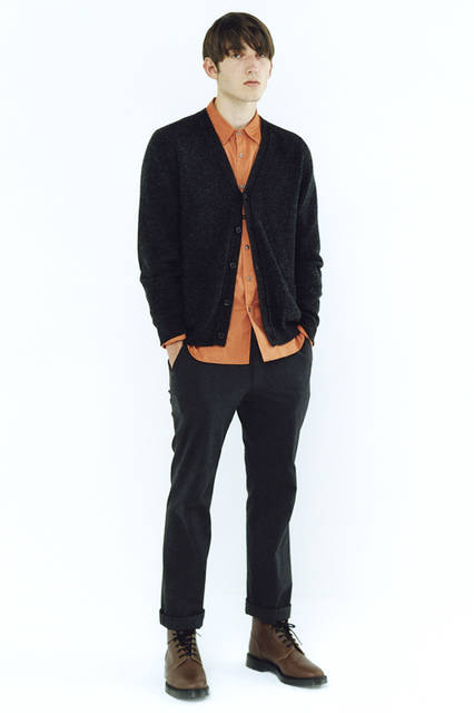 Cardigan ¥42,120, shirt ¥30,240, trousers ¥32,400 (all Margaret Howell), boots ¥59,400 (MHL.).