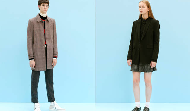 <Left photo> A simple cotton-wool single-breasted coat featuring this season's popular houndstooth pattern, representative of British style. The narrow and minimal design is complemented by a clean layered knit interior. "Here too, a white turtleneck adds softness to the look. While jeans are the brand's forte, the meticulously tailored finish of the coat is also remarkable," says Mr. Maruyama. <br>Coat ¥147,000, knit ¥52,920, pants ¥51,840, sneakers ¥72,360, turtleneck knit (stylist's own) (all DIESEL BLACK GOLD) <br><Right photo> A voluminous sleeveless jacket comes with a detachable shearling lining. It's a design with the sleeves of a flight jacket cut off, featuring epaulets on the large armholes. The inner layer is a mini dress with stud embellishments on the bust. "To make the edgy, 80s-inspired essence more wearable, I styled it in a gender-neutral direction by combining it with men's black knitwear," says Mr. Maruyama. <br>Sleeveless jacket ¥219,000, dress ¥117,000, knit ¥43,200 (all DIESEL BLACK GOLD)