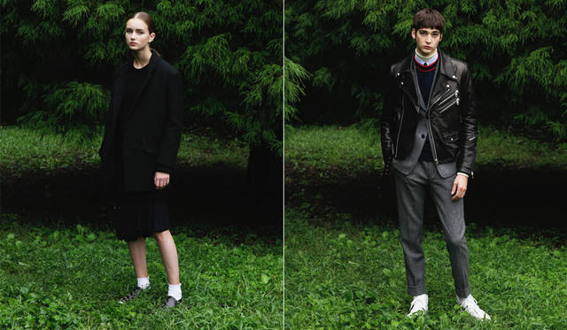 <Left photo> A chunky wool jacket in an oversized design. The inner layer is a rayon dress with elastic belts reminiscent of bondage details throughout. "The cocoon silhouette of the jacket fits the current mood. I've created a layered black style centered on the dress, with the accent placed at a low position," says Mr. Maruyama. <br>Jacket ¥126,360, dress ¥58,320, skirt ¥45,360, knit ¥37,800, sneakers ¥59,400, socks (stylist's own) (all DIESEL BLACK GOLD) <br><Right photo> A goat leather rider's jacket layered over a slim suit. The combination of black leather with a herringbone material born in Britain is novel. "The layering technique, which I thought was unique to Tokyo, is now featured in many overseas brand shows. This, with the rider's jacket layered over a suit, is a prime example," says Mr. Maruyama. <br>Leather jacket ¥199,800 *Zip design on left chest subject to change, jacket ¥105,840, pants ¥50,760, shirt ¥38,880, crew neck knit ¥37,800, tie ¥19,800, turtleneck (stylist's own) (all DIESEL BLACK GOLD)