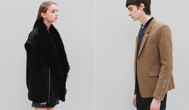 <Left photo> Shearling jacket ¥313,200, dress ¥102,600, knit ¥63,720 (all DIESEL BLACK GOLD) <br><Right photo> A deconstructed mod parka made generously from British wool herringbone fabric, with a large hood as an accent. Beneath the camel-colored fly-front jacket is a sporty blouson. "The layering using the blouson as an inner down expresses the fusion of traditional British items with street-style items. It's also a rational layering that can withstand severe cold," says Mr. Maruyama. <br>Mod parka ¥219,000, jacket ¥140,400, blouson ¥84,240, shirt ¥34,560, pants ¥45,360 (all DIESEL BLACK GOLD)