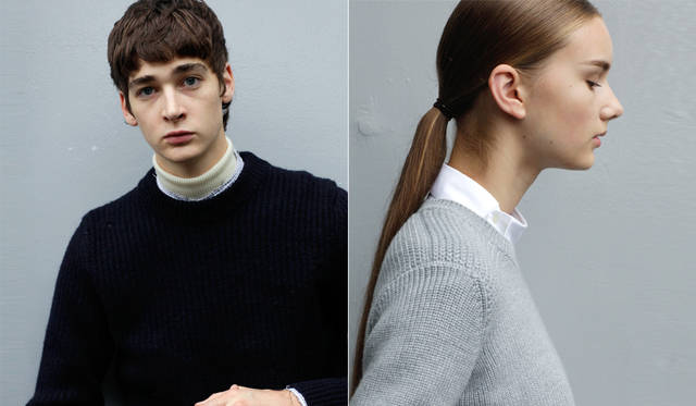 <Left photo> A wool knit, felted to create a dense fabric, features hole details throughout. It's worn as a knit-on-knit, layered with a graph check shirt with a cut-off collar. "Adding white items underneath is key to making the hole design stand out. It has a punkish charm, reminiscent of John Lydon of P.I.L.," says Mr. Maruyama. <br>Navy knit ¥59,400, shirt ¥35,640, turtleneck (stylist's own) (all DIESEL BLACK GOLD) <br><Right photo> A slightly bluish-gray mid-gauge knit is paired with an asymmetrically fastened white shirt. Such gimmicky designs exude intellectual playfulness. "In this styling, I used a lot of white knitwear and socks. For this season's DIESEL BLACK GOLD, where strong designs and black are key colors, items that convey softness are essential. In that regard, this white shirt with its distinctive neckline design is effective," says Mr. Maruyama. <br>Knit ¥37,800, shirt ¥31,320 (all DIESEL BLACK GOLD)