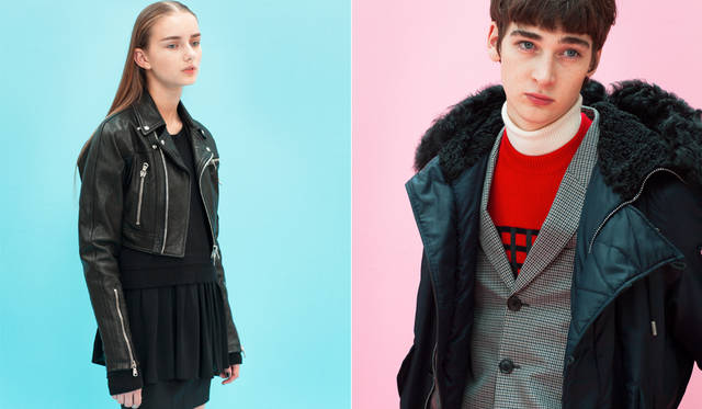 <Left photo> A soft lamb leather double rider's jacket with a short length reminiscent of the 80s. The inner layer combines a mid-gauge wool knit with a pleated top. "The key this season is where you layer items of different lengths. Despite being all black, pay attention to the depth of black created by the combination of different materials," says Mr. Maruyama. <br>Leather rider's jacket ¥167,400, top ¥58,320, knit ¥37,800, skirt ¥45,360 (all DIESEL BLACK GOLD) <br><Right photo> A mod-style outfit reminiscent of the film 'Quadrophenia'. The narrow-silhouette suit uses a houndstooth pattern cotton wool from a famous British fabric manufacturer. "Instead of a sharp tie-up, layering with knitwear is the current mood. The form is 60s, but the styling is 90s. I imagined that kind of atmosphere," says Mr. Maruyama. <br>Mod coat ¥214,920, suit ¥163,080, crew neck knit ¥38,880, sneakers ¥72,360, turtleneck (stylist's own) (all DIESEL BLACK GOLD)
