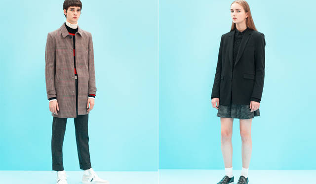 <Left photo> A simple cotton-wool single-breasted coat featuring this season's popular houndstooth pattern, representative of British style. The narrow and minimal design is complemented by a clean layered knit interior. "Here too, a white turtleneck adds softness to the look. While jeans are the brand's forte, the meticulously tailored finish of the coat is also remarkable," says Mr. Maruyama. <br>Coat ¥158,760, knit ¥52,920, pants ¥51,840, sneakers ¥72,360, turtleneck knit (stylist's own) (all DIESEL BLACK GOLD) <br><Right photo> A black masculine tailored jacket is layered with a melange-style knit. The base dress of the outfit combines tweed check patterns with shirt fabric for a mixed-material look, with a hint of the classic pattern peeking out from the hem for a seasonal touch. <br>Jacket ¥100,440, dress ¥102,600, knit ¥63,720, sneakers ¥59,400, socks (stylist's own) (all DIESEL BLACK GOLD)