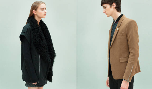 <Left photo> A voluminous sleeveless jacket comes with a detachable lamb leather lining. It's a design with the sleeves of a flight jacket cut off, featuring large armholes and epaulet details. The inner layer is a mini dress in a check tweed. "To make the edgy, 80s-inspired essence more wearable, I styled it in a gender-neutral direction by combining it with men's black knitwear," says Mr. Maruyama. <br>Jacket ¥236,520, dress ¥126,360, knit ¥43,200 *Men's item (all DIESEL BLACK GOLD) <br><Right photo> A deconstructed mod parka made generously from British wool herringbone fabric, with a large hood as an accent. Beneath the camel-colored fly-front jacket is a sporty blouson. "The layering using the blouson as an inner down expresses the fusion of traditional British items with street-style items. It's also a rational layering that can withstand severe cold," says Mr. Maruyama. <br>Jacket ¥140,400, blouson ¥84,240, shirt ¥34,560, pants ¥45,360 (all DIESEL BLACK GOLD)