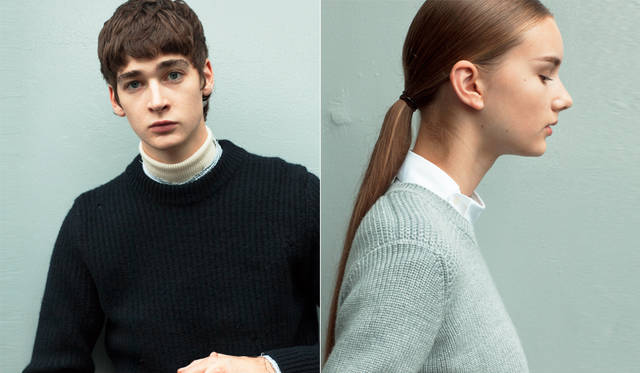 <Left photo> A wool knit, felted to create a dense fabric, features vintage-like hole details throughout. It's worn as a knit-on-knit, layered with a graph check shirt with a cut-off collar. "Adding white items underneath is key to making the hole design stand out. It has a punkish charm, reminiscent of John Lydon of P.I.L.," says Mr. Maruyama. <br>Navy knit ¥59,400, shirt ¥35,640, turtleneck (stylist's own) (all DIESEL BLACK GOLD) <br><Right photo> A gray mid-gauge knit is paired with an asymmetrically fastened white shirt. Such gimmicky designs exude intellectual playfulness. "In this styling, I used a lot of white socks. For this season's DIESEL BLACK GOLD, where strong designs and black are key colors, items that convey softness are essential. In that regard, this white shirt with its distinctive neckline design is effective," says Mr. Maruyama. <br>Knit ¥37,800, shirt ¥31,320 (all DIESEL BLACK GOLD)