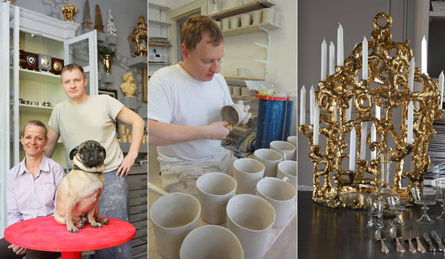 Bernhard Kuhn, designer of the Berlin-based ceramic brand Kühn Keramik, with his dog and a new candlestick.