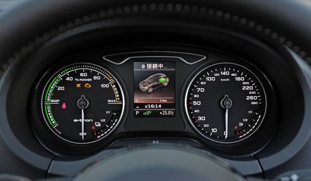 The left meter replaces the tachometer with a power meter showing the motor's status.