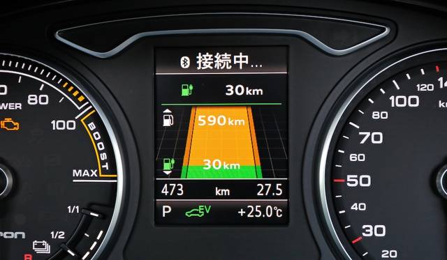 The display between the meters also shows e-tron exclusive menus. The photo shows an estimated driving range, with green indicating the distance on EV power only and orange indicating the distance on hybrid driving.