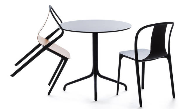 Vitra's new furniture, the Belleville Chair and Belleville Table. The Belleville Chair, a plastic chair born from sophisticated technology, consists of two components: a frame and a seat shell. The Belleville Table offers a choice of laminate or wood for the top, with elegant, arched, slender legs made of die-cast aluminum, inspired by classic bistro tables.