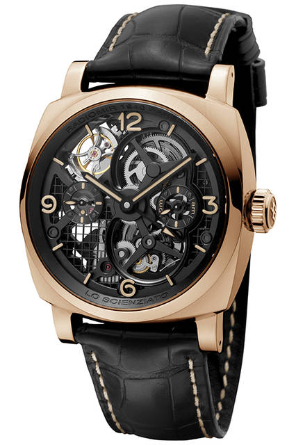<strong>ロ シェンツィアート ラジオミール 1940トゥールビヨン GMT オロロッソ 48mm</strong><br />ケース｜18Kレッドゴールド<br />直径｜48mm<br />ムーブメント｜手巻き（Cal.P2005/5）<br />振動数｜2万8800振動／時<br />パワーリザーブ｜約144時間<br />防水｜5気圧<br />発売時期｜2015年冬予定<br />価格｜1954万8000円<br />