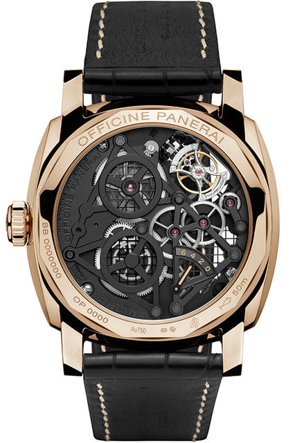 <strong>ロ シェンツィアート ラジオミール 1940トゥールビヨン GMT オロロッソ 48mm</strong><br />ケース｜18Kレッドゴールド<br />直径｜48mm<br />ムーブメント｜手巻き（Cal.P2005/5）<br />振動数｜2万8800振動／時<br />パワーリザーブ｜約144時間<br />防水｜5気圧<br />発売時期｜2015年冬予定<br />価格｜1954万8000円<br />