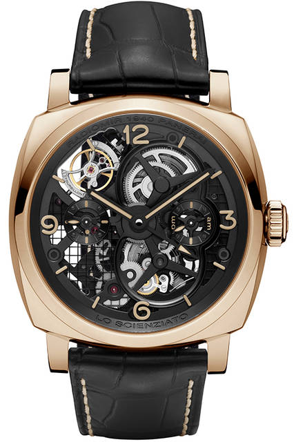 <strong>ロ シェンツィアート-ラジオミール 1940トゥールビヨン GMT オロロッソ-48mm</strong><br />ケース｜18Kレッドゴールド<br />直径｜48mm<br />ムーブメント｜手巻き（Cal.P.2005/S）<br />振動数｜2万8800振動／時<br />パワーリザーブ｜約144時間<br />防水｜5気圧<br />発売時期｜2015年冬予定