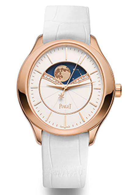 <strong>Limelight Stella</strong><br />Case: Pink gold, see-through case back<br />Diameter: 36mm<br />Movement: Automatic (Cal. 584P)<br />Frequency: 21,600 vibrations/hour<br />Power reserve: Approx. 42 hours<br />Features: Moon phase (at 12 o'clock)<br />Strap: Brown alligator<br />Release: March 2016<br />Reference price: ¥2,675,000 (strap sold separately)