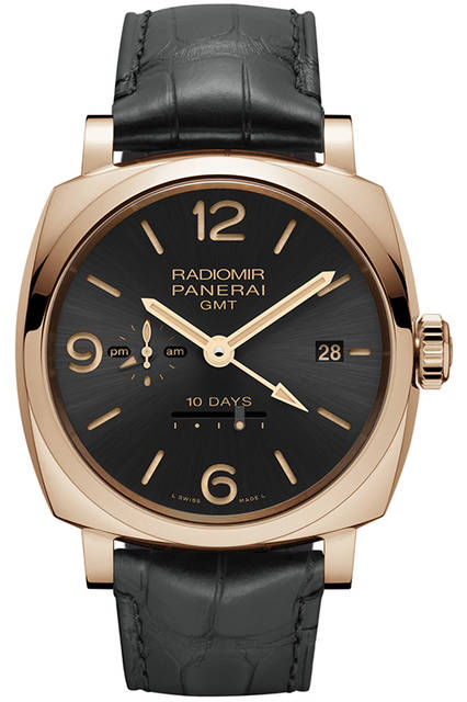 <strong>ラジオミール 194010デイズ GMT オートマティック オロロッソ 45mm</strong>ケース｜レッドゴールド直径｜45mmムーブメント｜手巻き（Cal.P2003/10）振動数｜2万8800振動／時パワーリザーブ｜約192時間（約10日間）防水｜5気圧機能｜ロングパワーリザーブ、昼夜表示付きGMT機構、秒針ゼロリセット機構発売時期｜2015年冬予定価格｜453万6000円