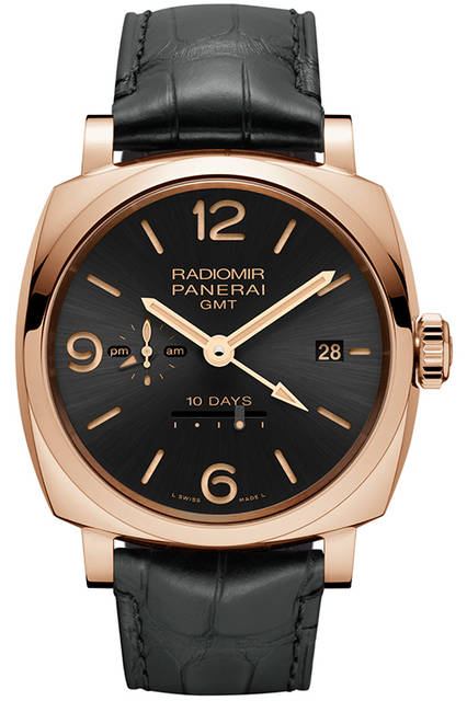<strong>ラジオミール 1940テンデイズ GMT オートマティック オロロッソ-45mm</strong><br />ケース｜レッドゴールド<br />直径｜45mm<br />ムーブメント｜自動巻き（Cal.P.2003/10）<br />振動数｜2万8800振動／時<br />パワーリザーブ｜約240時間（約10日間）<br />防水｜5気圧<br />機能｜ロングパワーリザーブ、昼夜表示付きGMT機構、秒針ゼロリセット機構<br />発売時期｜2015年冬予定