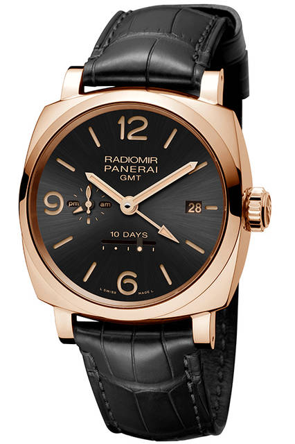 <strong>ラジオミール 1940テンデイズ GMT オートマティック オロロッソ-45mm</strong><br />ケース｜レッドゴールド<br />直径｜45mm<br />ムーブメント｜自動巻き（Cal.P.2003/10）<br />振動数｜2万8800振動／時<br />パワーリザーブ｜約240時間（約10日間）<br />防水｜5気圧<br />機能｜ロングパワーリザーブ、昼夜表示付きGMT機構、秒針ゼロリセット機構<br />発売時期｜2015年冬予定