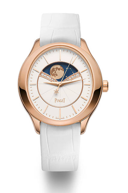 <strong>Limelight Stella</strong><br />Case: Pink gold, see-through case back<br />Diameter: 36mm<br />Movement: Automatic (Cal. 584P)<br />Frequency: 21,600 vibrations/hour<br />Power reserve: Approx. 42 hours<br />Features: Moon phase (at 12 o'clock)<br />Strap: Brown alligator<br />Release: March 2016<br />Reference price: ¥2,675,000 (strap sold separately)