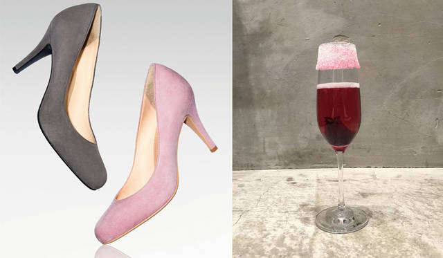<strong>ISETAN｜伊勢丹</strong><br /> Perfume×ISETAN Pick Me Up vol.2 "Happy 10th Anniversary!" Left: New colors of the "Perfume Dance Heels" supervised by the members, in pink suede and gray suede. Right: "STAR TRAIN Cocktail" served at THE STAND on the 2nd floor and Ladies & Gentlemen bistro cafe on the 3rd floor of the Main Building.