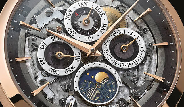 <strong>Heritage Spirit Perpetual Calendar Sapphire</strong><br />Case: Red gold<br />Diameter: 39mm<br />Thickness: 10.24mm<br />Movement: Automatic (Cal. MB 29.15)<br />Frequency: 28,800 vibrations/hour<br />Power reserve: Approx. 48 hours<br />Water resistance: 3 bar<br />Functions: Perpetual calendar & moon phase display<br />Release: Autumn 2015<br />Price: ¥2,692,000 (excl. tax)