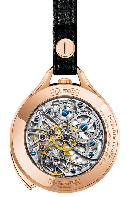 <strong>Clifton 1830<br Five-Minute Repeater<br Pocket Watch</strong><br Case | Red Gold<br Diameter | 50mm<br Thickness | 14.4mm<br Movement | Manual-winding<br Frequency | 18,000 vibrations/hour<br Water Resistance | 50m<br Strap | Calfskin strap<br Limited Edition | 30 pieces<br Price | ¥5,995,000<br 