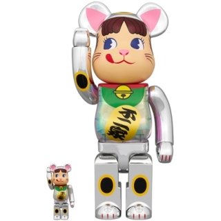 BE@RBRICK 招き猫 ペコちゃん 銀メッキ 蓄光ミルキー入り 100％ & 400％