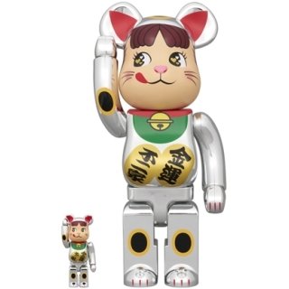 BE@RBRICK 招き猫 ペコちゃん 金運 ダブル小判 銀メッキ 100％ & 400％