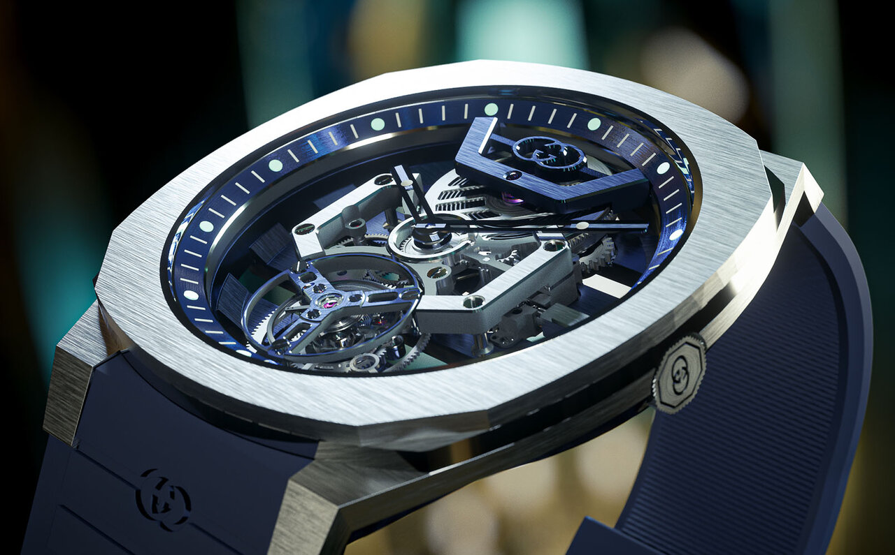 The new "GUCCI 25H" Tourbillon, featuring a slim 8mm body and a see-through dial | GUCCI