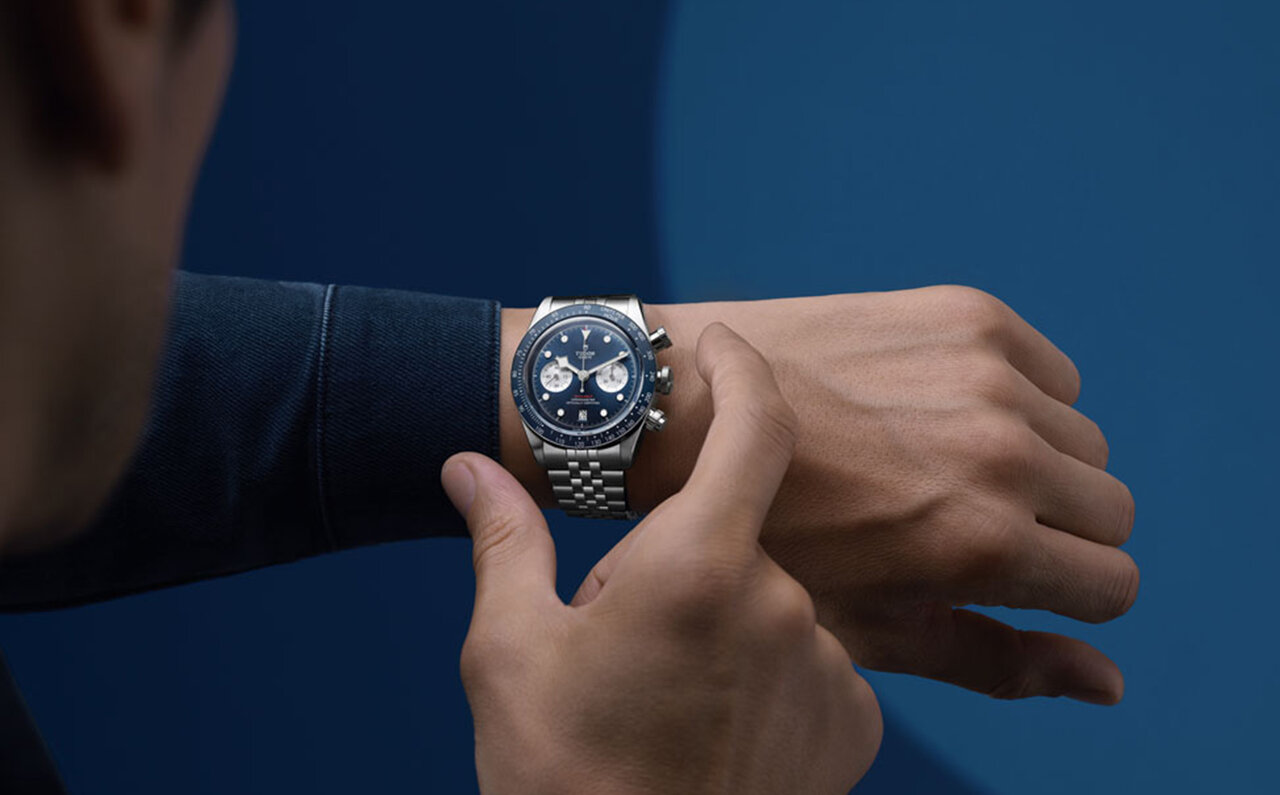 TUDOR Boutique Exclusive Model Wearing Tudor Blue: Black Bay Chrono “Blue” | TUDOR