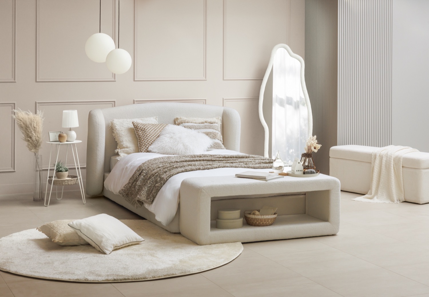 Introducing the MOKOFAMU bed frame, crafted from plush, bouclé fabric.
