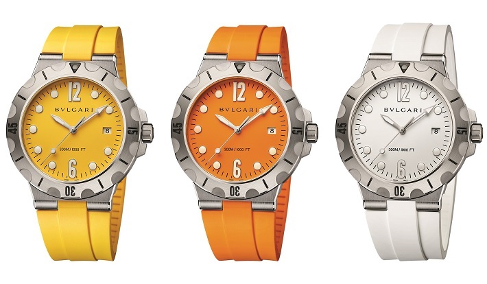 Evoking the mood of an Italian resort, Bulgari's "Diagono Scuba" introduces three new color variations.