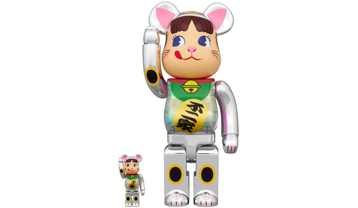 BE@RBRICK 招き猫 ペコちゃん 銀メッキ 蓄光ミルキー入り 100％ & 400％